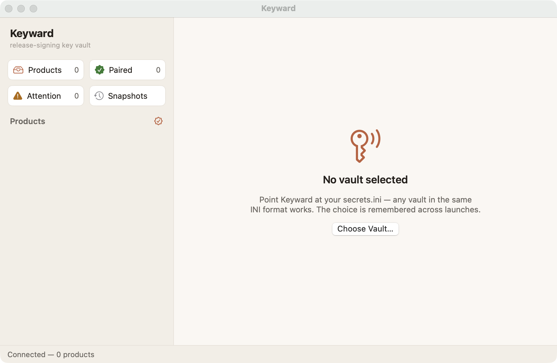 Keyward first launch: No vault selected, with a Choose Vault button